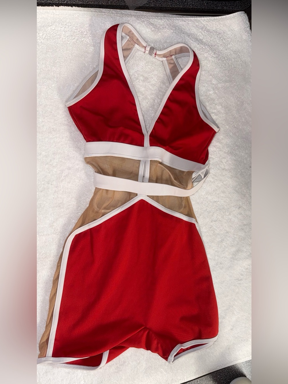 LA Designs Size C X-Large Red & White Mesh Cutout Romper/Biketard